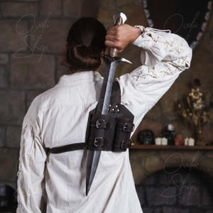 Leather back scabbard, Double back scabbard, Back sword holder, Double sword back sheath, Harness scabbard holder, Adjustable sword sheath