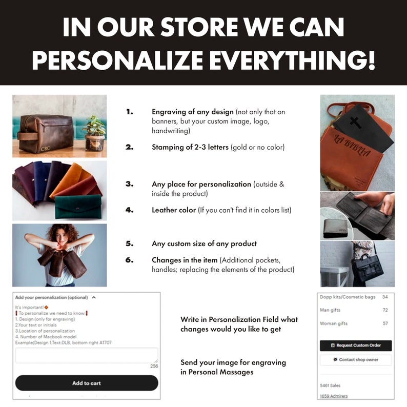 May include: A brown leather bag with the text "La Bibina" embossed on it. The bag is shown with a variety of personalization options, including engraving, stamping, color changes, and custom sizing. The text "In our store we can personalize everything!" is at the top of the image.