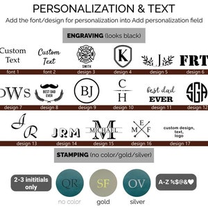May include: Image showcasing personalization options for text and design. Includes font and design examples for engraving and stamping. Features text options like "Custom Text" and design options such as initials, logos, and symbols.