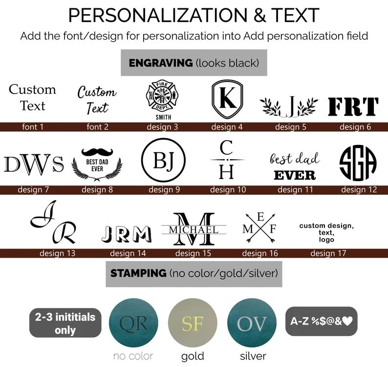 May include: Image showcasing personalization options for text and design. Includes font and design examples for engraving and stamping. Features text options like "Custom Text" and design options such as initials, logos, and symbols.