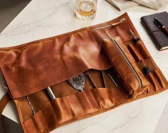 Personalized Leather Bartender Tool Roll - Cocktail Tools Organizer for Professionals and Amateur Bartending