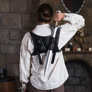 Leather double sword scabbard, Larp back sword holder, Leather sword scabbard sheath, Black leather back scabbard, Double sword back sheath