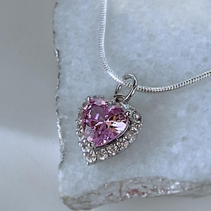 Pink Heart Necklace, Sterling Silver Heart Pendant with Cubic Zirconia, Romantic Gift for Girlfriend, Dainty Jewelry, Anniversary Gift.