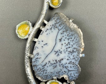 Pendant:  Dendritic Opal, Sterling Silver, Enamel over 24 K gold.  Sterling silver chain, length of your choice included.