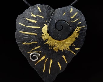 Gold on Steel Botanical  Pendant - 24 K gold Kuem Boo on Steel.  "Escargot Begonia".