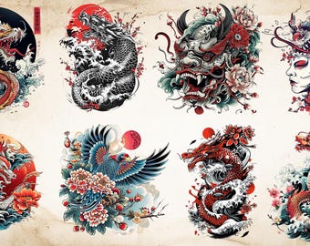 May include: A collection of eight illustrations featuring Japanese-inspired designs. Dragons, a demon mask, and a phoenix are depicted with vibrant colors, including red, blue, and white, set against a cream-colored background.