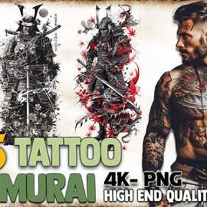 May include: Digital art featuring three samurai illustrations in black, white, and red, with a man covered in tattoos on the right. The text reads "155 TATTOO SAMURAI 4K- PNG HIGH END QUALITY".