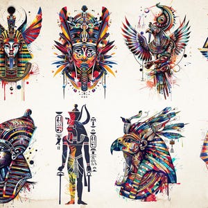 May include: A collection of ten colorful, stylized illustrations of ancient Egyptian figures and deities. The artwork features vibrant hues, intricate details, and a watercolor effect, showcasing pharaohs, gods, and symbolic imagery.