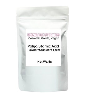 May include: A white pouch containing Polyglutamic Acid powder. The label reads "SKINCARE UPDATES Cosmetic Grade, Vegan" and "Net Wt. 5g". The product is in powder/granulare form.