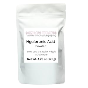 May include: White resealable pouch with a label that reads "SKINCARE UPDATES Cosmetic Grade, Vegan, High Quality Hyaluronic Acid Powder Extra Low Molecular Weight (80-110kDa) Net Wt. 4.23 oz (120g)"