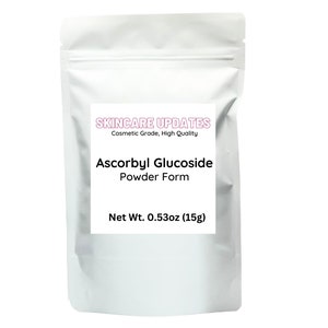 May include: A white stand-up pouch with a label that reads "SKINCARE UPDATES Cosmetic Grade, High Quality Ascorbyl Glucoside Powder Form Net Wt. 0.53oz (15g)"