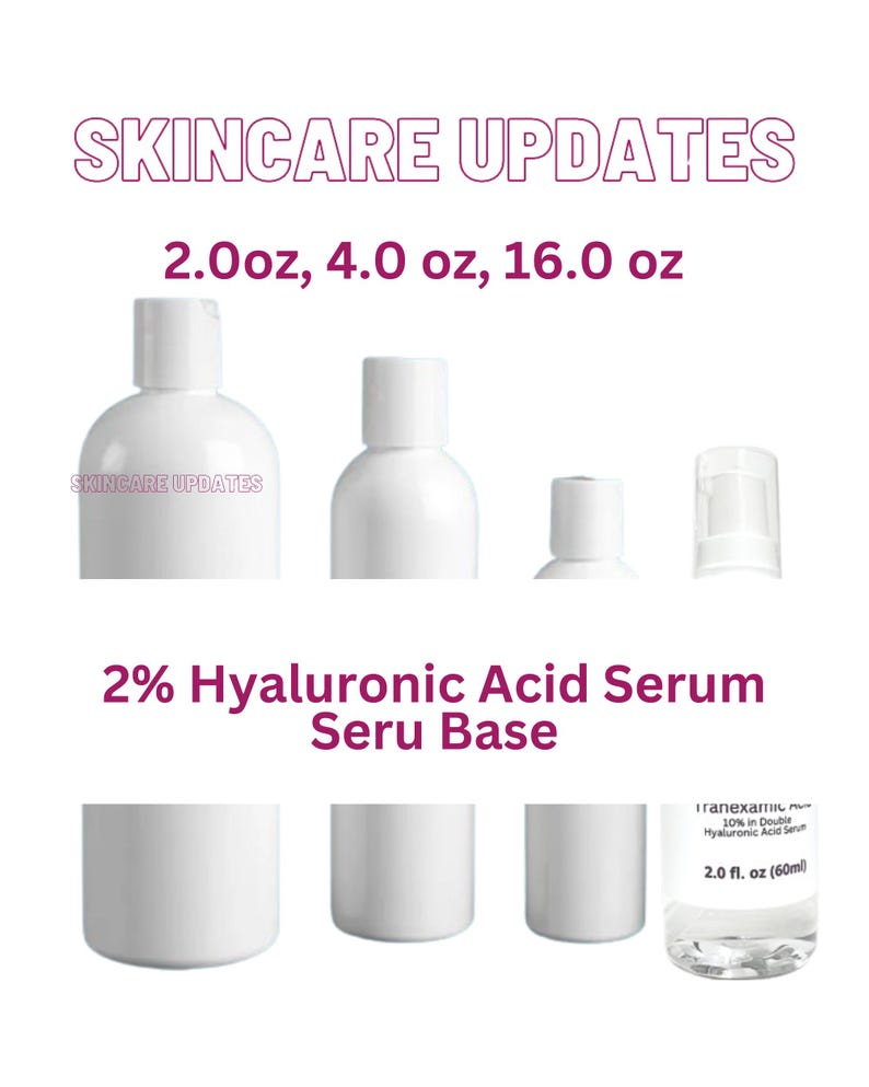 Pu&ograve; includere: Quattro flaconi di plastica bianca di siero all'acido ialuronico al 2% con il testo "SKINCARE UPDATES" e "2% Hyaluronic Acid Serum Seru Base" sulle etichette. I flaconi sono etichettati con le dimensioni 2,0 oz, 4,0 oz e 16,0 oz. &Egrave; mostrato anche un flacone trasparente pi&ugrave; piccolo con un'etichetta che dice "Tranexa 10% in Double Hyaluronic Acid Serum 2.0 fl. oz (60ml)".