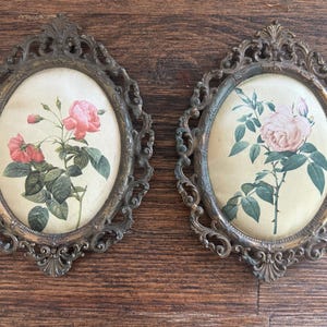 May include: A pair of antique oval framed botanical prints. Each print depicts a rose illustration in pink and green hues on a cream backdrop. The ornate frames are bronze-coloured with detailed designs, enhancing the vintage appeal.