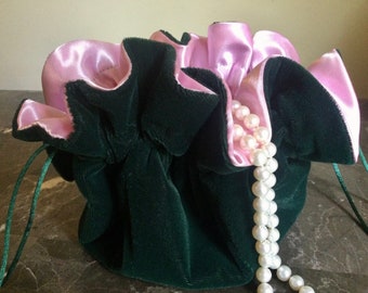 Emerald Green Velvet Jewelry Pouch for Travel or Home Use With Pink Bridal Satin