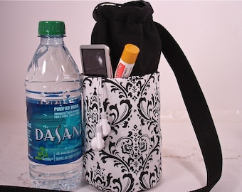 Black and White Damask Insulated Water Bottle Carrier with 2 pockets, Small for Hot or Cold Beverages