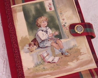 Antique Victorian Studious Boy Sitting on a Door Stoop Appliqued Medium Bible or Hardbound Book Cover - One of a Kind