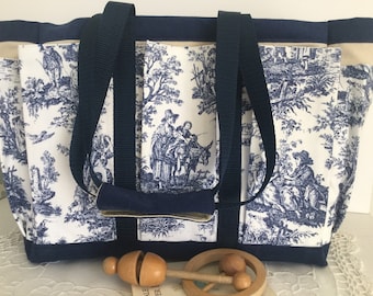 Blue and White Rustic Counrty Toile Travel, Garden, Craft, Diaper, Knitting Tote Bag