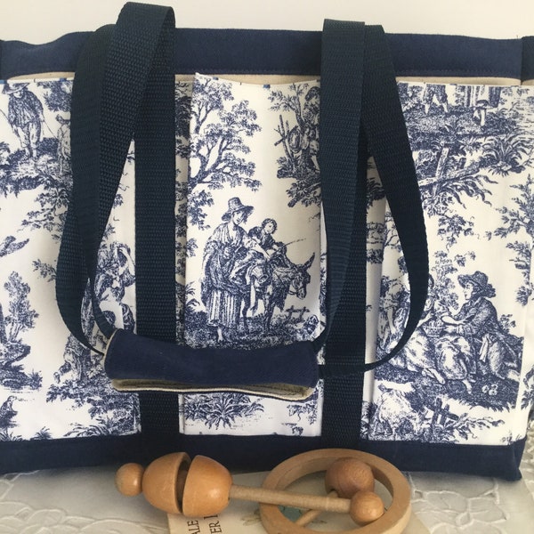 Blue and White Rustic Counrty Toile Travel, Garden, Craft, Diaper, Knitting Tote Bag