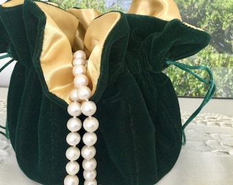 Emerald Green Velvet Jewelry Pouch for Travel or Home Use