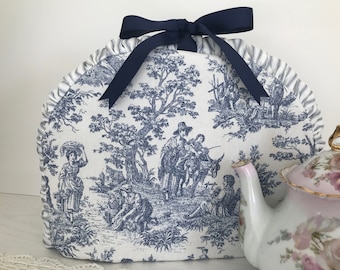 Blue and White Toile Rustic Country Tea/Coffee French Press Cozy insulated Cosie Large