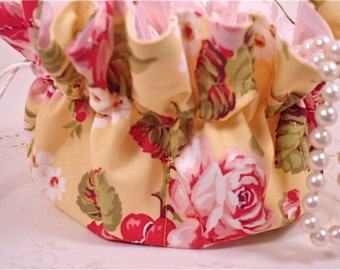 Shabby Chic Delicate Pink Roses on Buttercup Yellow Cotton Jewelry Pouch for Travel or Home Use - Last one