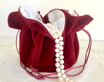 Cherry Red Velvet Jewelry Pouch with white Bridal satin for Travel or Home Use