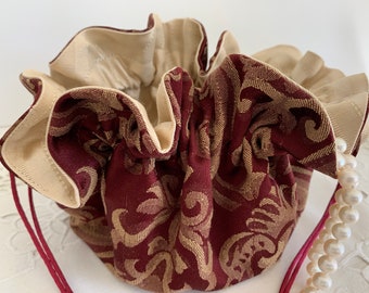 Burgundy Damask Jewelry Pouch for Travel or Home Use, Large