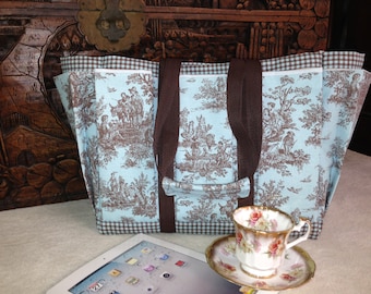 Turquoise and Brown Country Toile Travel, Garden, Craft, Knitting Tote Bag, Also Great Diaper Bag