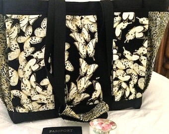 Butterfly Tote Bag: Black & Gold Accents Overnight, Crafts, baby Diaper Tote, Market, Travel