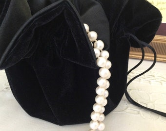 Black Velvet Jewelry Pouch with Black bridal satin lining for Travel or Home Use