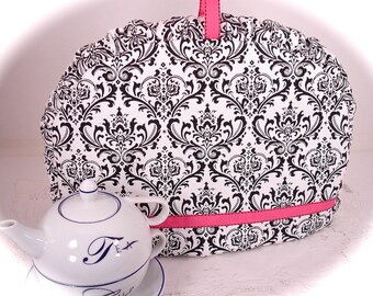 Insulated Tea Cozy Coffee Press Cover Black and White Damask Gusset Tea Cozy - 50% Off