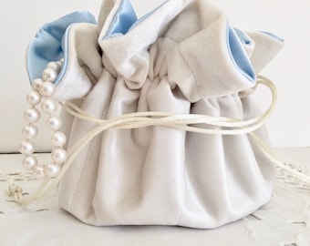 Velvet Jewelry Pouch Creamy white with baby blue bridal satin