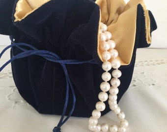 Navy Blue Velvet Jewelry Pouch for Travel or Home Use