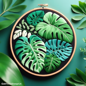 Monstera leaves Embroidery Digital Pattern, Beginner houseplants embroidery PDF Template, DIY Crafting art, Modern hand embroidery pattern