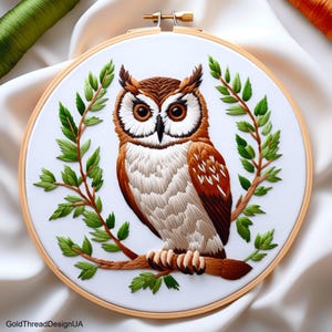 Wise owl on a branch Embroidery Digital Pattern, Beginner embroidery PDF Template, Modern hand bird floral embroidery pattern, home decor