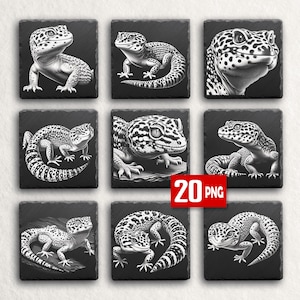 May include: Nine square coasters with black backgrounds, each featuring a detailed black and white illustration of a leopard gecko. The geckos are depicted in various poses, showcasing their unique patterns and textures.