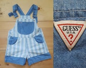Vintage Guess Overalls Vtg Made in the USA Distressed Striped Denim Kids Shortalls child size 5
