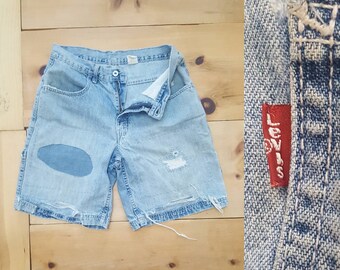 Vintage Levi's Denim Shorts  /  Vtg 90s LEVI'S Silver Tab Distressed Denim Carpenter Shorts w/ Repairs Hand Mending  /  31" waist