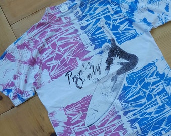 Vintage 80s Distressed All Over Screen Print Surfing Pros Only T-Shirt