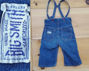 Vintage 40s 50s Baby Jeans  // Vtg 1940s 1950s Toddler Sized BIG SMITH Distressed Faded Union Made Sanforized Denim Suspender Jeans