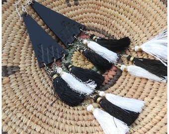 Large Handmade Earrings //  Long Black + White Tiered Tassel and Leather Shoulder Dusters w/ Sterling Hooks by HEXEREI
