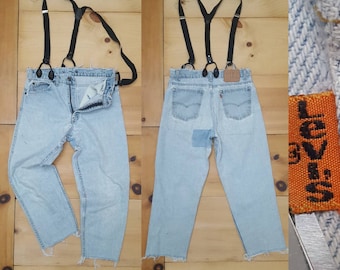 Vintage LEVI'S Trashed Threadbare Jeans w/ Suspenders + Repairs Made in the USA // 32" waist