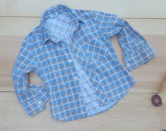 Vintage Kids Flannel Shirt  // Vtg 70s 80s Distressed Faded JC Penney Toddletime Plaid Button Front Top  // unisex childrens  18 mos 2 2T