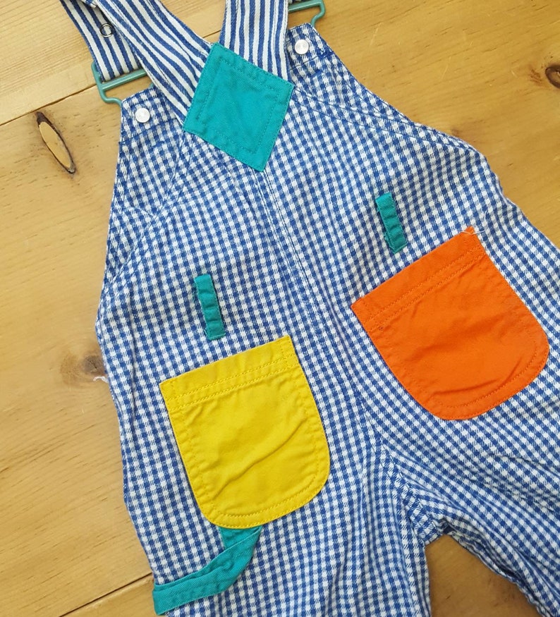Vintage Gymboree Overalls Vtg Distressed Blue White Check Color Block Baby Bibs infant child size
