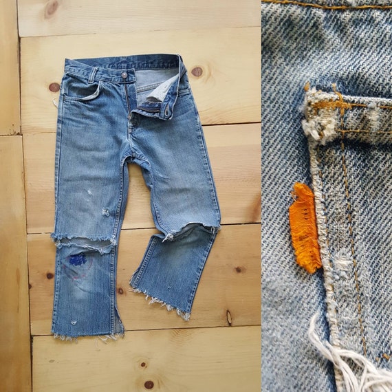 Vintage 70s Levi's Student Fit Destroyed Cropped Faded Denim Jeans w/ Holes + Mends // Youth or XXS Adult Size