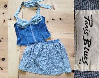 Vintage 90s Denim + Calico Corset Top + Skirt Set by Paris Blues / s