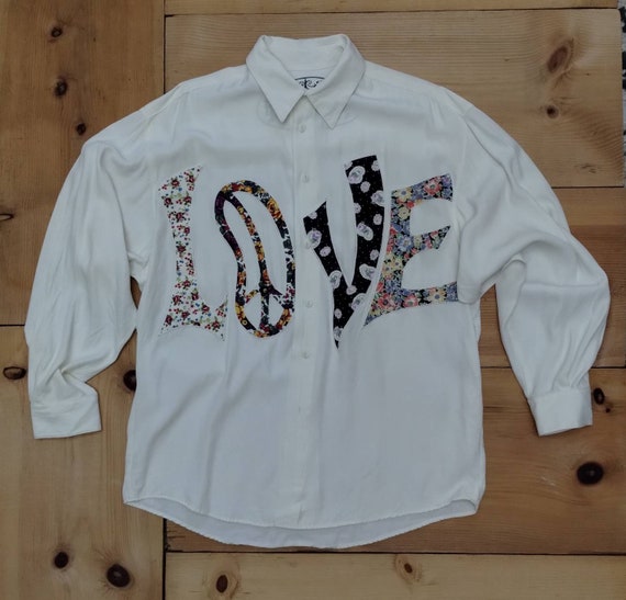 Vintage 1990s Patchwork LOVE Oversized Button Fro… - image 2