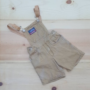 Vintage Kids Overalls  // Vtg 70s 80s Distressed Khaki Denim Cotton Duck Children&#39;s Shortalls Romper