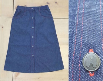 Vintage Denim Skirt  // Vtg 1980s HALSTON III Button Front Raw Dark Indigo Denim High Waist Midi Skirt  // 27" waist