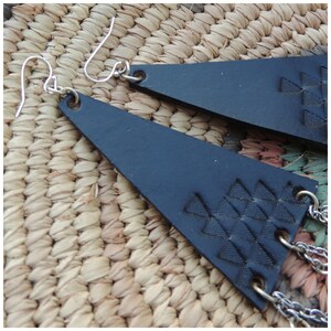 Large Handmade Earrings // Long Black White Tiered Tassel and Leather Shoulder Dusters w/ Sterling Hooks by HEXEREI image 2
